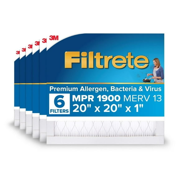 Filtrete 20x20x1 HVAC Furnace Air Filter, MPR 1900 MERV 13, Premium Allergen, Bacteria and Virus, 6 Pack