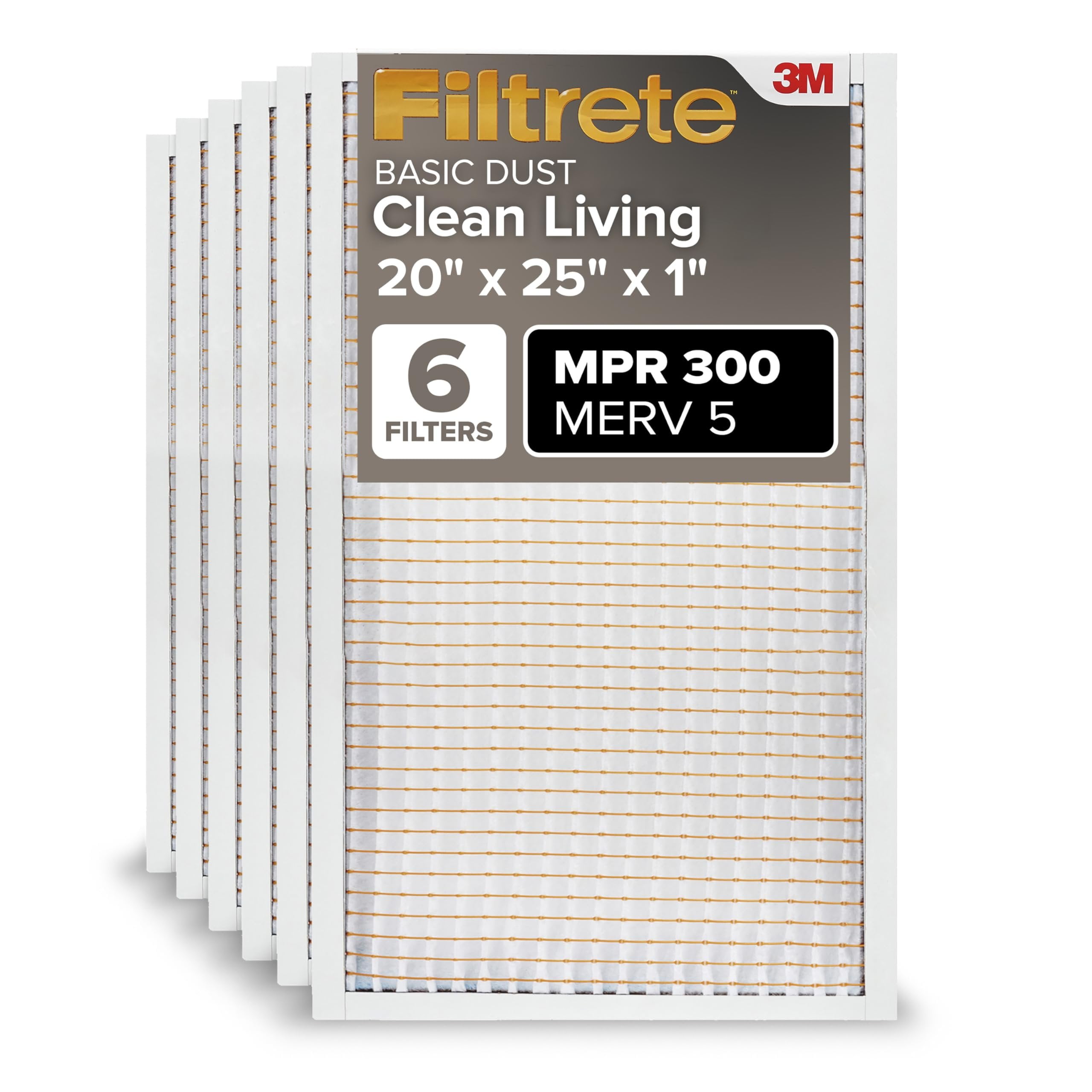 Filtrete 20x25x1 AC Furnace Air Filter, MERV 5, MPR 300, Capture Unwanted Particles, 3-Month Pleated 1-Inch Electrostatic Air Cleaning Filter, 6-Pack Actual Size19.69x24.69x0.81 in