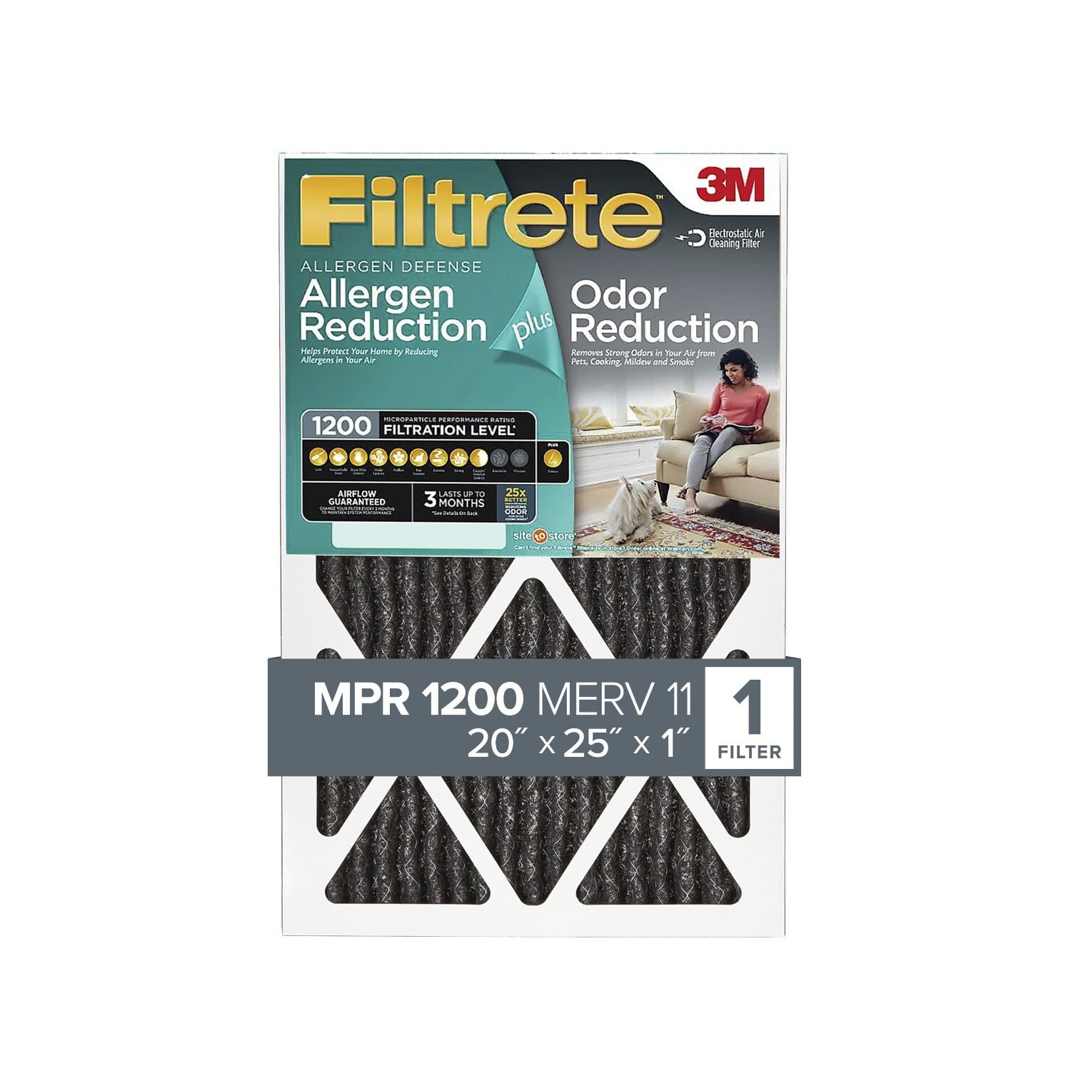 Filtrete 20x25x1 Air Filter, MPR 1200 MERV 11, Allergen Plus Odor Reduction, 1 Filter