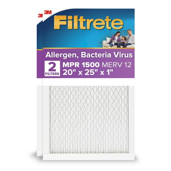 Filtrete 20x25x1 HVAC Furnace Air Filter, MPR 1500 MERV 12, Allergen, Bacteria and Virus, 2 Filters