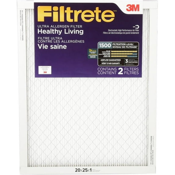 Filtrete Healthy Living Ultra-Allergen Air Filter - MPR 1500, MERV 12, Pleated - 2 Pack, 20x25x1