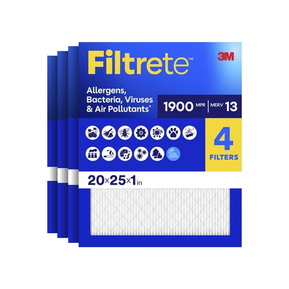 Filtrete 20x25x1 HVAC Furnace Air Filter, MPR 1900 MERV 13, Ultimate Allergen Reduction, 4 Pack