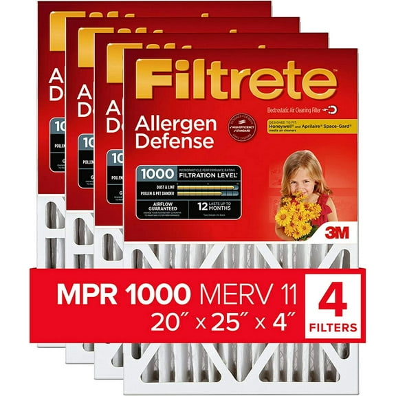 Filtrete 20x25x4 AC Furnace Air Filter, MPR 1000 MERV 11, Allergen Defense, 4-Pack, Fits Lennox & Honeywell Devices Actual Dimensions 19.88 x 24.63 x 4.31, 4 Count