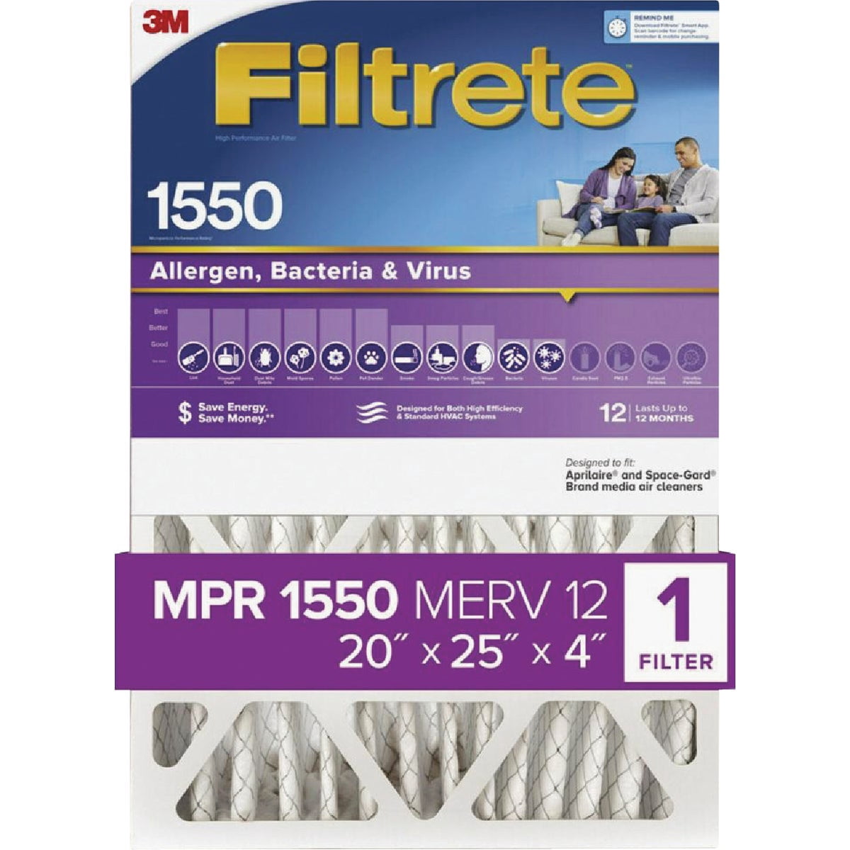 Filtrete 20x25x4, AC Furnace Air Filter, MPR 1550 DP, Healthy Living Ultra Allergen Deep Pleat, 4-Pack