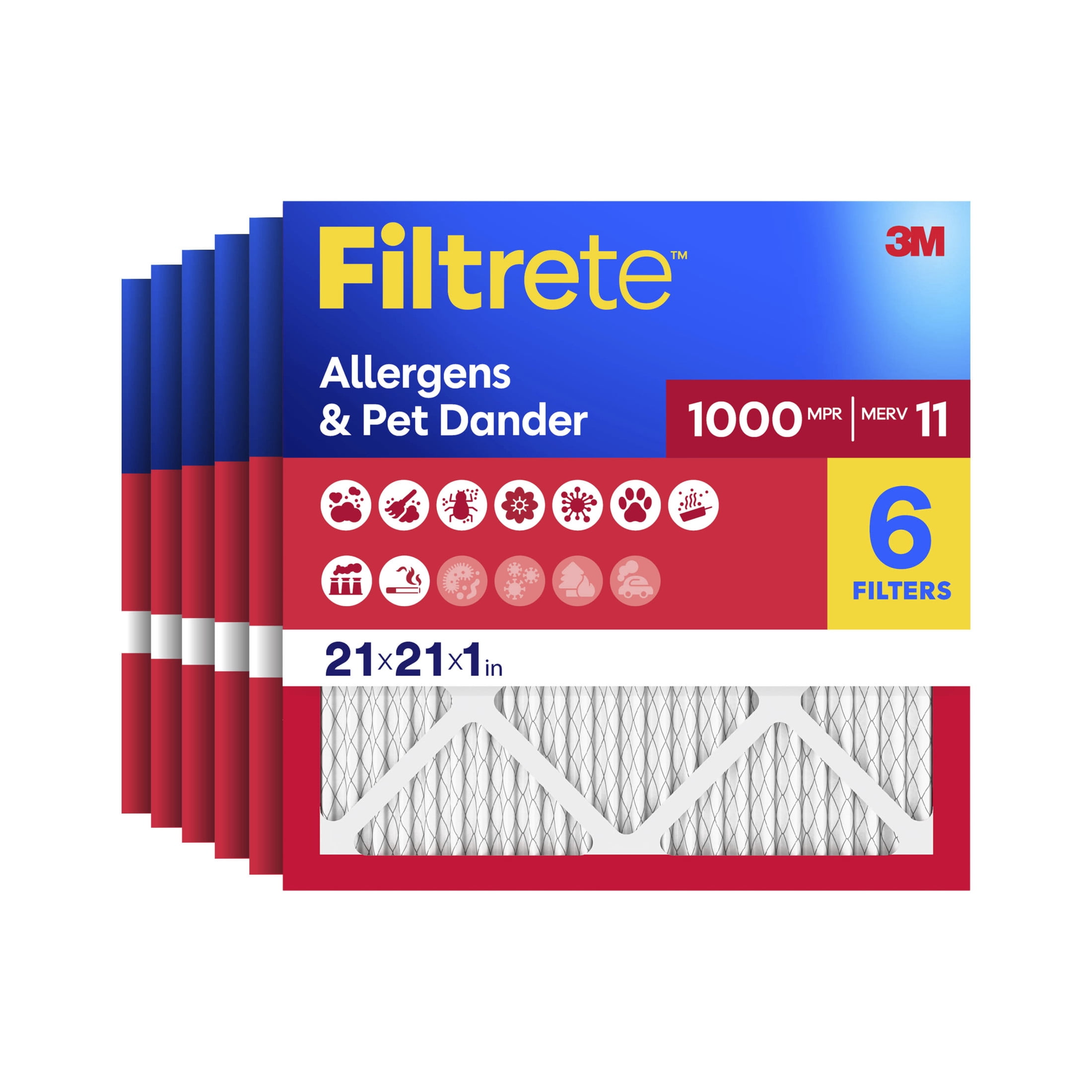 Filtrete 21x21x1 HVAC Furnace Air Filter, MPR 1000 MERV 11, Allergens & Pet Dander, 6 Pack