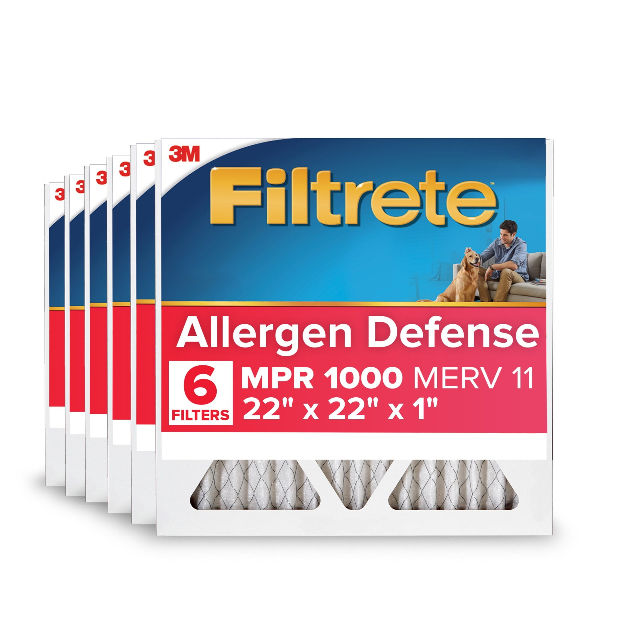 Filtrete 22x22x1 HVAC Furnace Air Filter, MPR 1000 MERV 11, Allergen Defense, 6 Pack