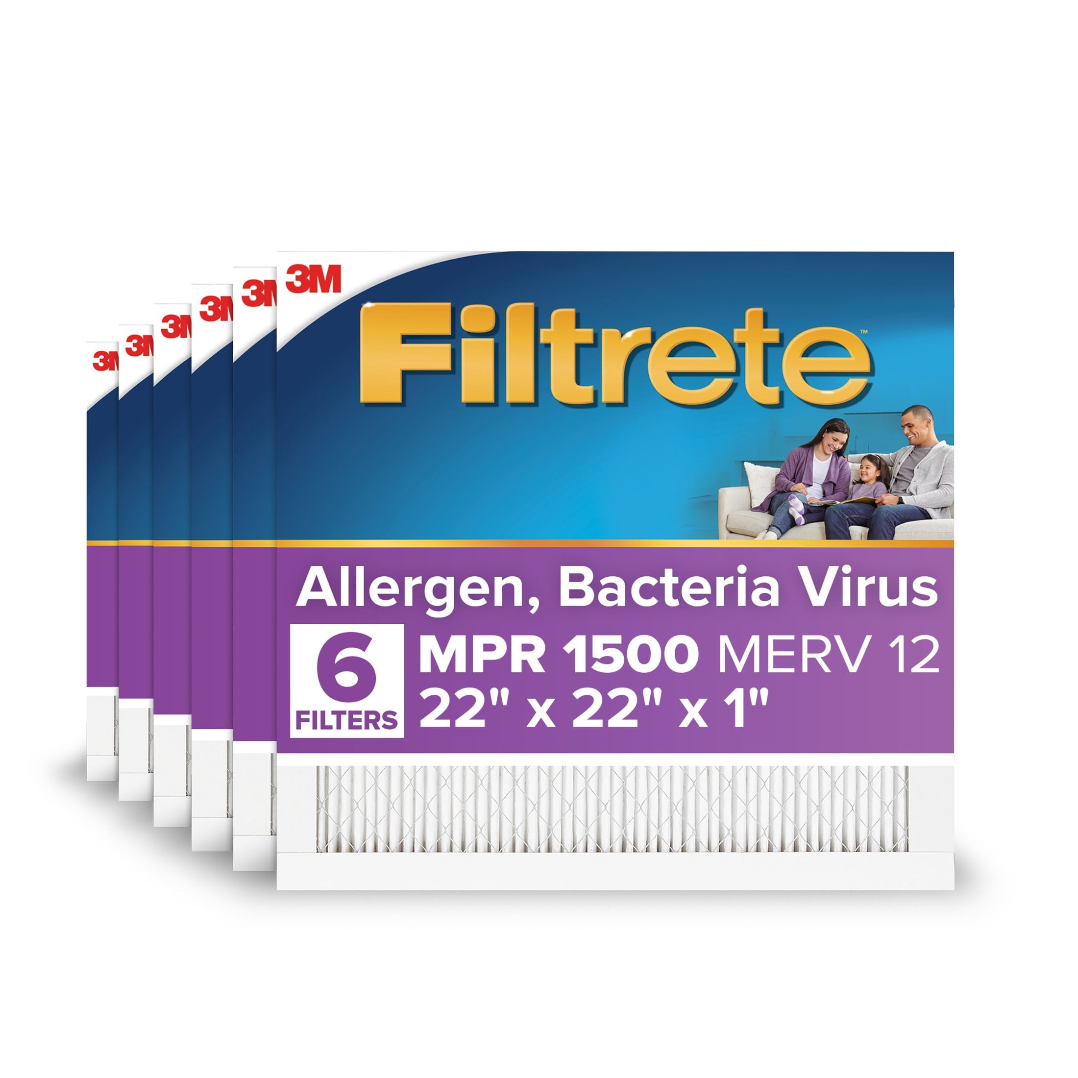 Filtrete 22x22x1 HVAC Furnace Air Filter, MPR 1500 MERV 12, Advanced Allergen Reduction, 6 Pack