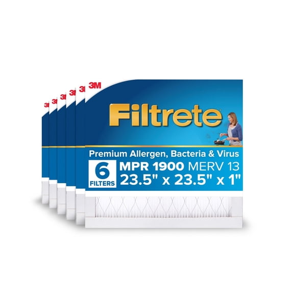 Filtrete 23.5x23.5x1 HVAC Furnace Air Filter, MPR 1900 MERV 13, Premium Allergen, Bacteria and Virus, 6 Pack