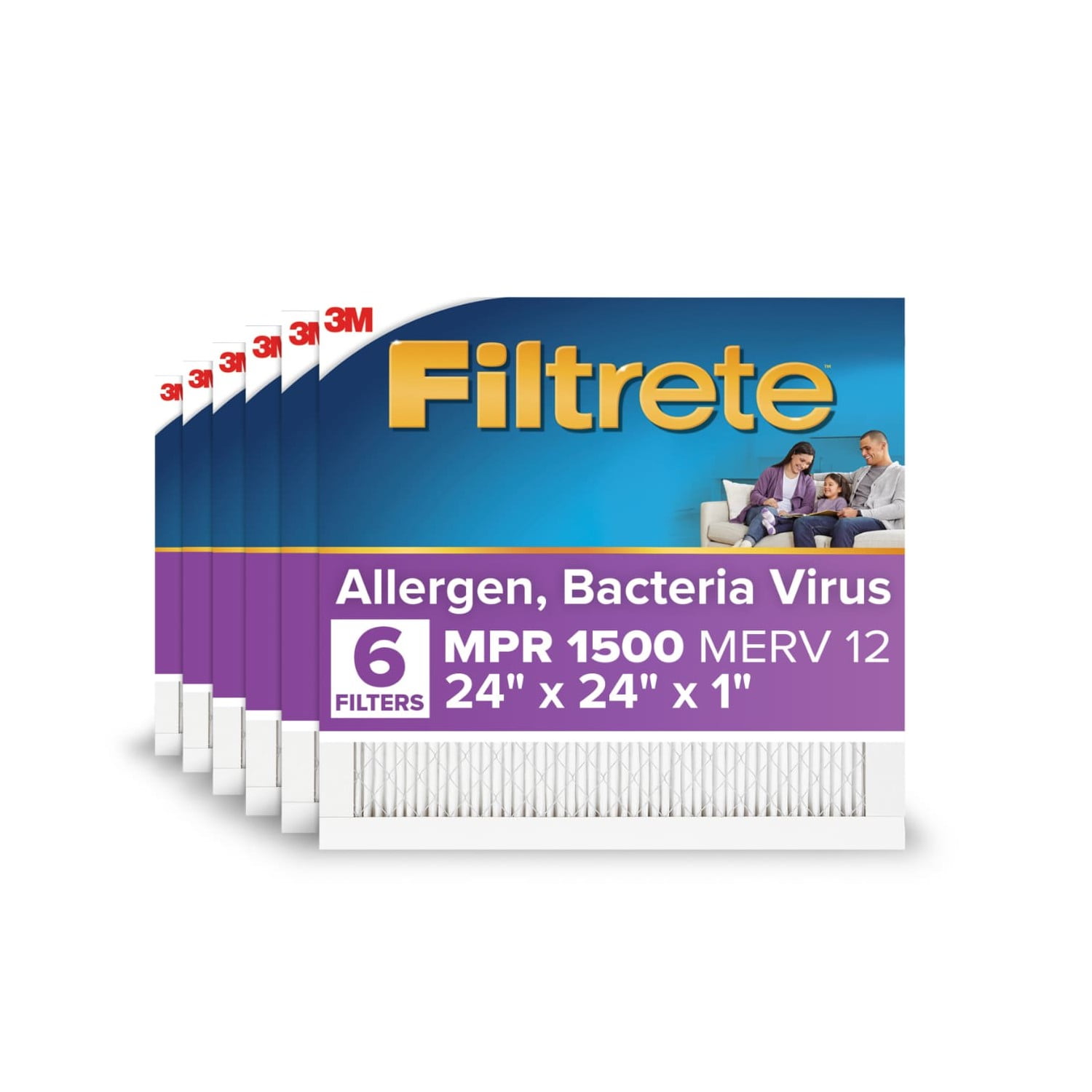 Filtrete 24x24x1 HVAC Furnace Air Filter, MPR 1500 MERV 12, Advanced Allergen Reduction, 6 Pack