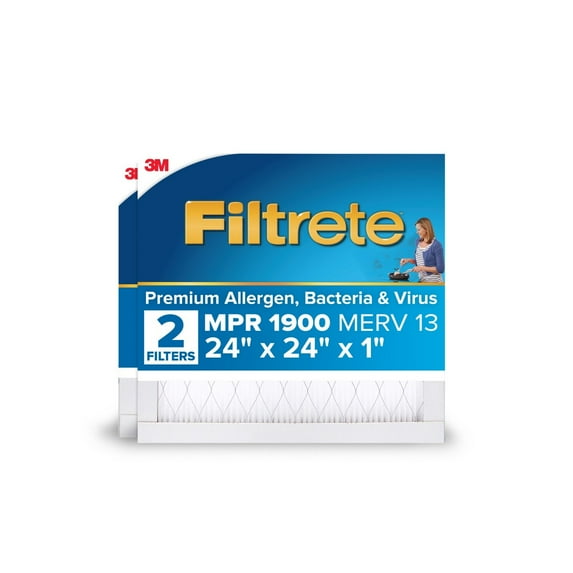 Filtrete 24x24x1 HVAC Furnace Air Filter, MPR 1900 MERV 13, Premium Allergen, Bacteria and Virus, 2 Pack