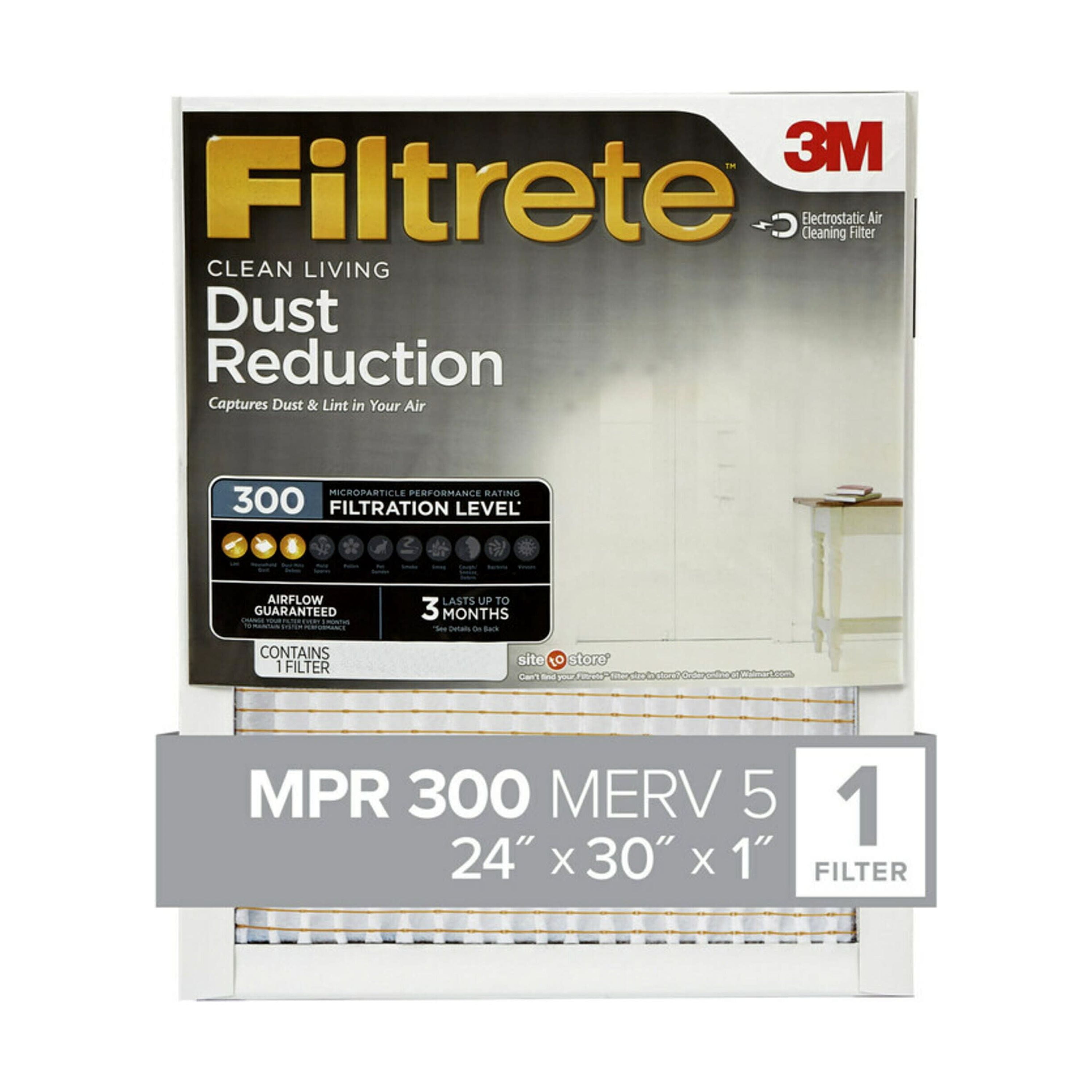 Filtrete 24x30x1 Air Filter, MPR 300 MERV 5, Dust Reduction, 1 Filter
