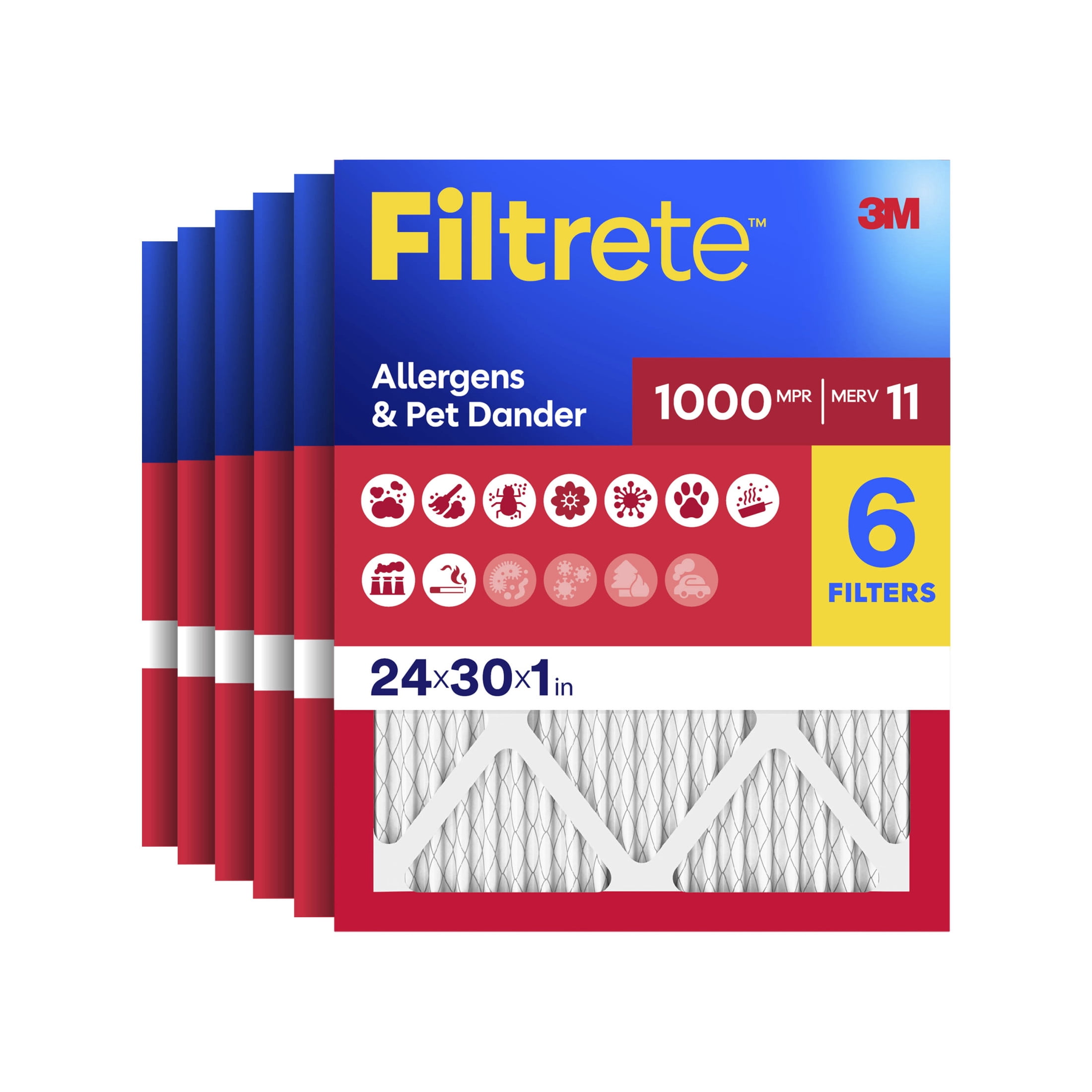 Filtrete 24x30x1 HVAC Furnace Air Filter, MPR 1000 MERV 11, Allergens & Pet Dander, 6 Pack