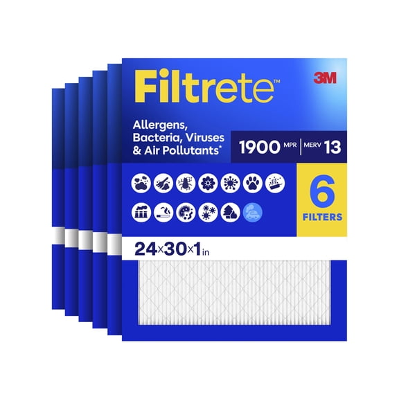 Filtrete 24x30x1 HVAC Furnace Air Filter, MPR 1900 MERV 13, Premium Allergen, Bacteria and Virus, 6 Pack