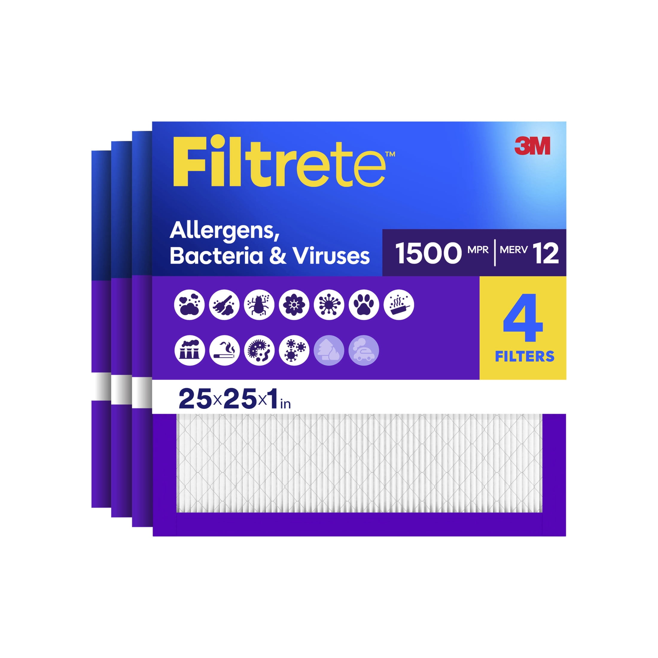Filtrete 25x25x1 HVAC Furnace Air Filter, MPR 1500 MERV 12, Allergens, Bacteria & Viruses, 4 Pack
