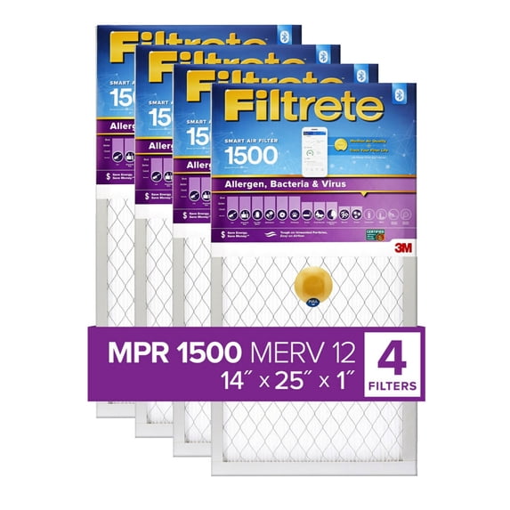 Filtrete by 3M, Smart 14x25x1, MERV 12, Allergen, Bacteria & Virus HVAC Air and Furnace Filter, Captures Allergens, Bacteria, Viruses, 1500 MPR, 4 Filters