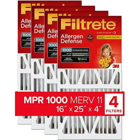 Filtrete AC Furnace Air Filter, MPR 1000 DP, Micro Allergen Defense, 16x25x4 Inches, 4-Pack