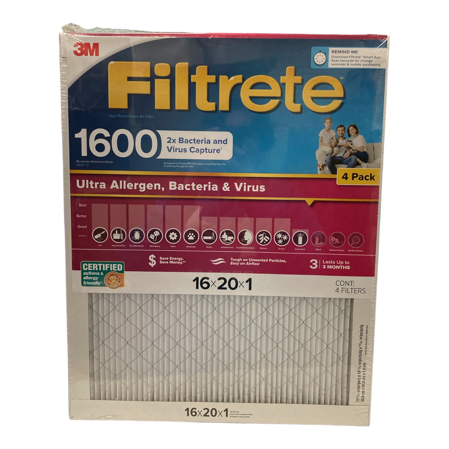 Filtrete 16x20x1 Ultra Allergen Bacteria Virus Air Filter Pack