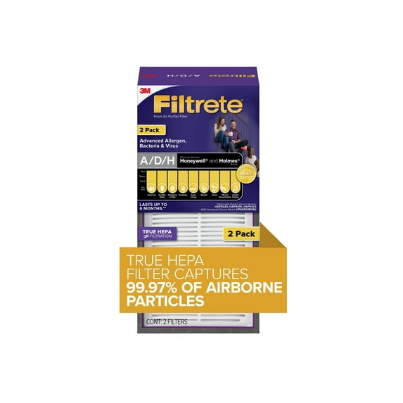 Filtrete Allergen, Bacteria & Virus True HEPA Room Air Purifier Filter, Replaces Size A/D/H Filters, 2 Pack