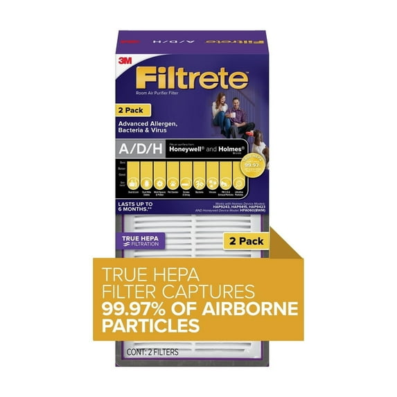 Filtrete Allergen, Bacteria & Virus True HEPA Room Air Purifier Filter, Replaces Size A/D/H Filters, 2 Pack