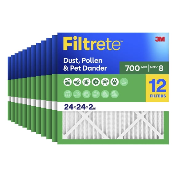 Filtrete 24x24x2 HVAC Furnace Air Filter, MPR 700 MERV 8, Dust, Pollen & Pet Dander Reduction, 12 Pack