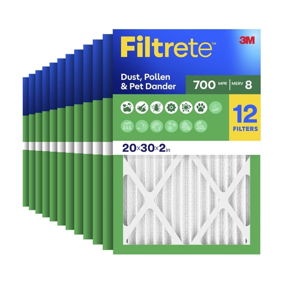 Filtrete 20x30x2 HVAC Furnace Air Filter, MPR 700 MERV 8, Dust, Pollen & Pet Dander Reduction, 12 Pack