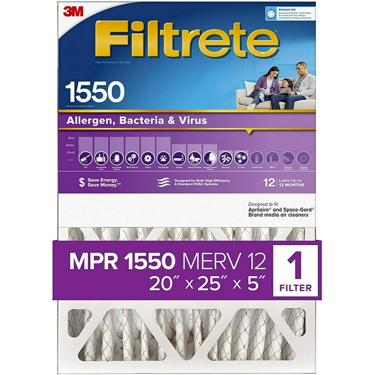 Filtrete HDWR03 5IN 2 AC Furnace Air Filter Allergen Bacteria Virus 20x25x5 White