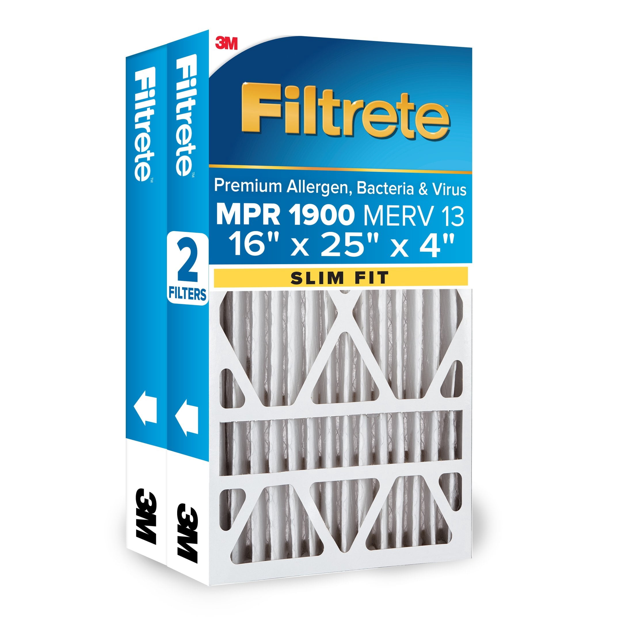 Filtrete 16x25x4 Slim Fit HVAC Furnace Air Filter, MPR 1900 MERV 13, Premium Allergen, Bacteria & Virus, 2 Slim Filters (Actual Size 15.5 x 24.5 x 3.75 in.)