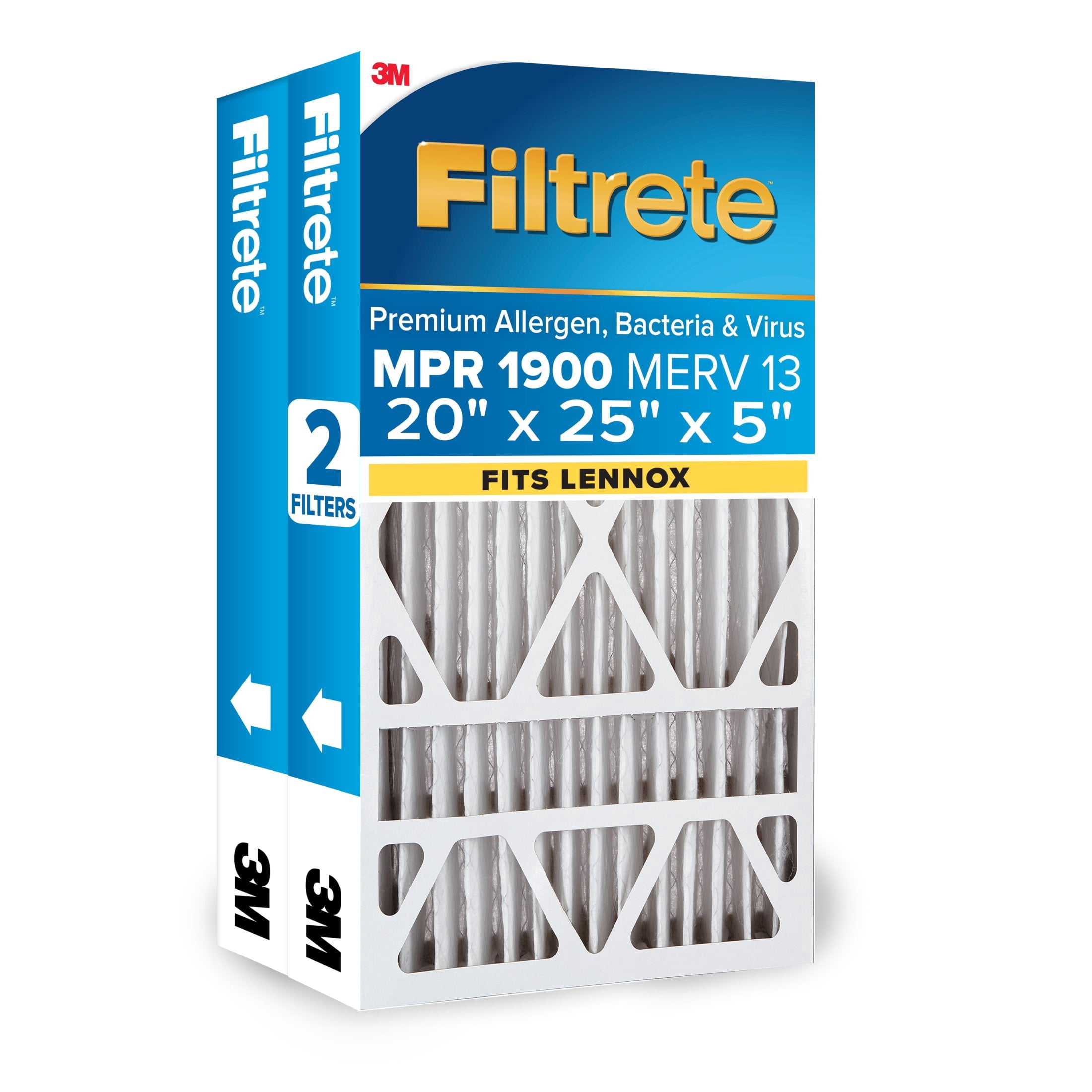 Filtrete 20x25x5 Fits Lennox HVAC Furnace Air Filter, MPR 1900 MERV 13, Premium Allergen, Bacteria and Virus, 2 Lennox Filters (Actual size 19.63 x 24.75 x 4.31 in.)