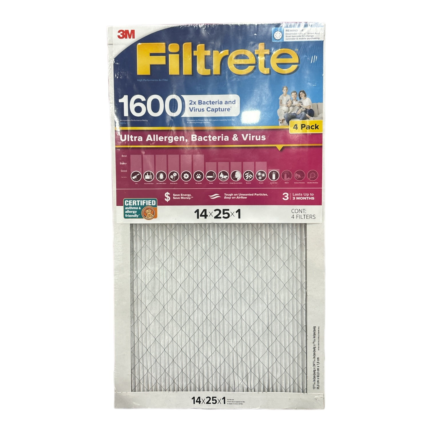 Filtrete Ultra Allergen Bacteria & Virus 14x25x1 Air Filter 4 Pack