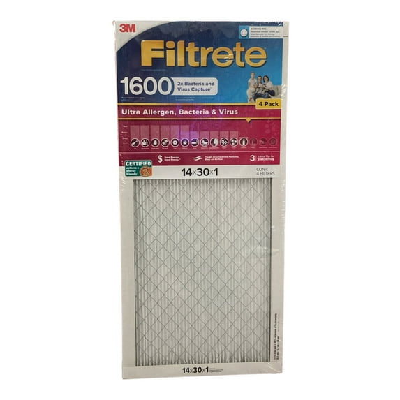 Filtrete Ultra Allergen 2X Bacteria & Virus Filter (1600 MPR), 30x14x1 (4 Pack)