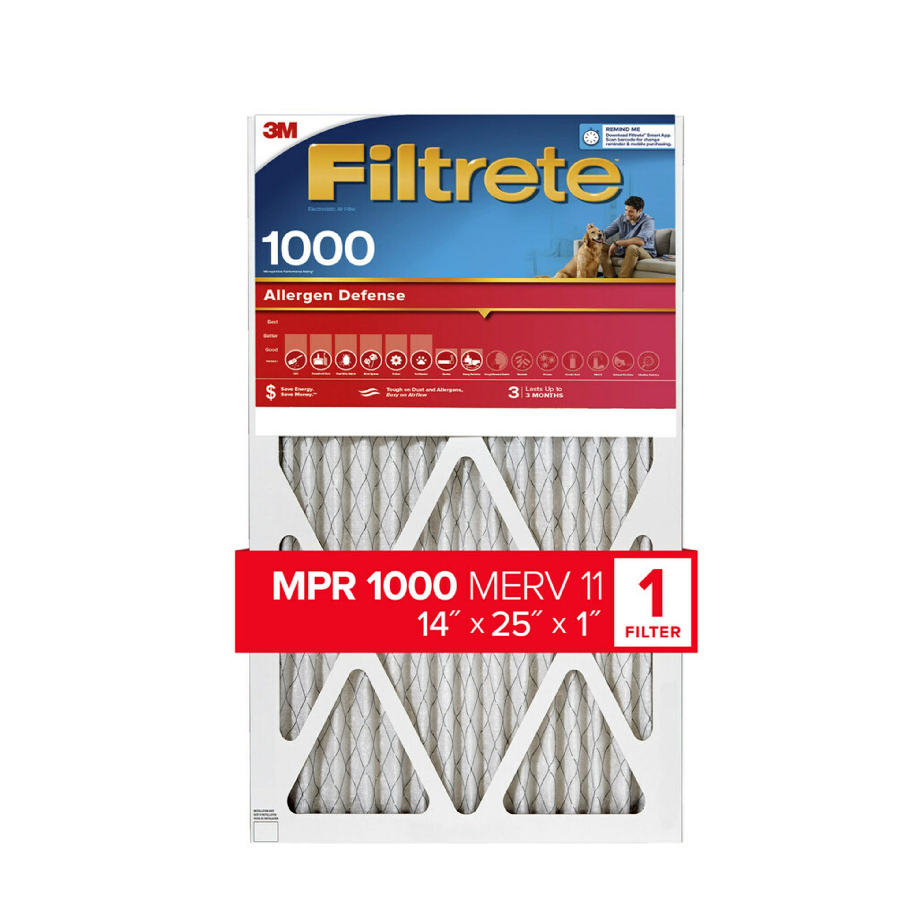 Filtrete by 3M 14x25x1, MERV 11, Allergen Defense HVAC Furnace Air Filter, 1000 MPR, 4 Filters