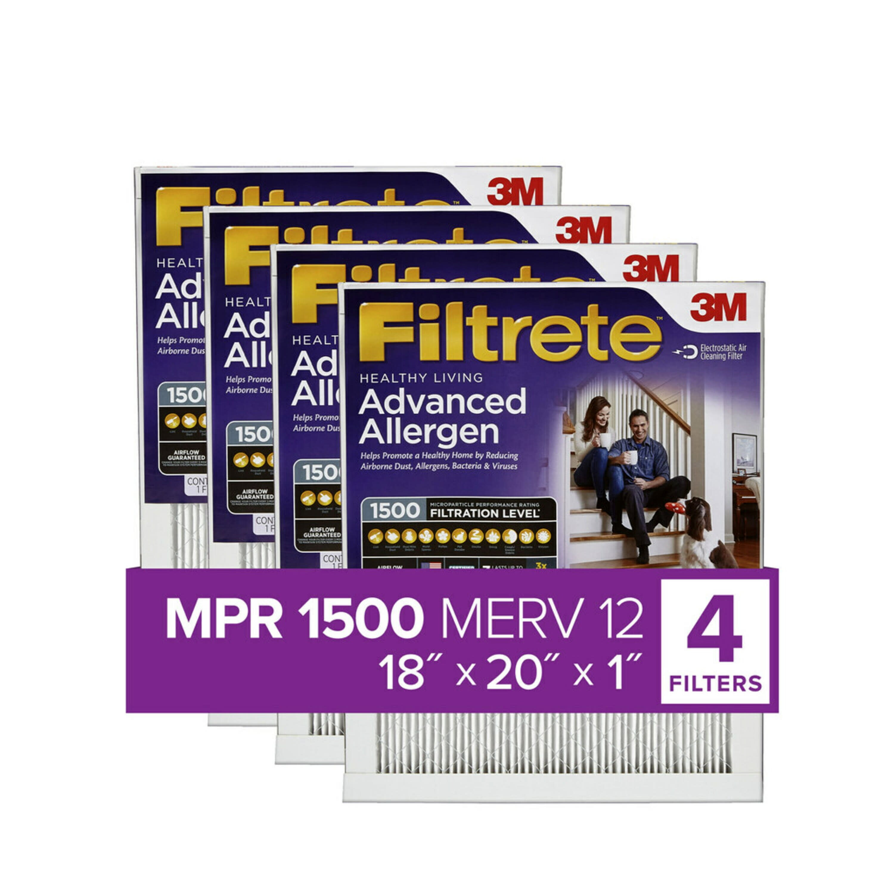 Filtrete by 3M, 18x20x1, MERV 12, Advanced Allergen Reduction HVAC Furnace Air Filter, Captures Allergens, Bacteria, Viruses, 1500 MPR, 4 Filters