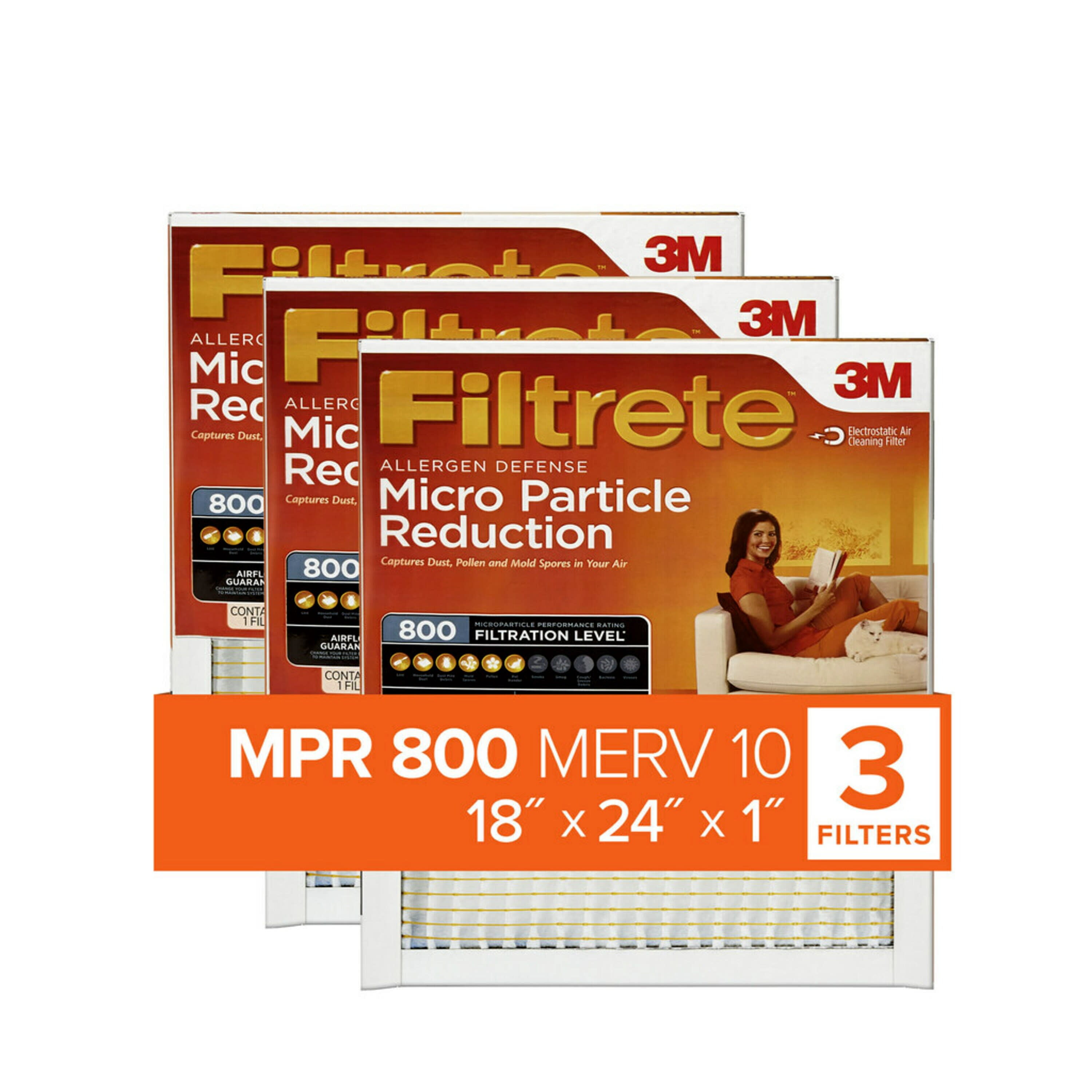 Filtrete by 3M, 18x24x1, MERV 10, Micro Particle Reduction HVAC Furnace Air Filter, Captures Pet Dander and Pollen, 800 MPR, 3 Filters