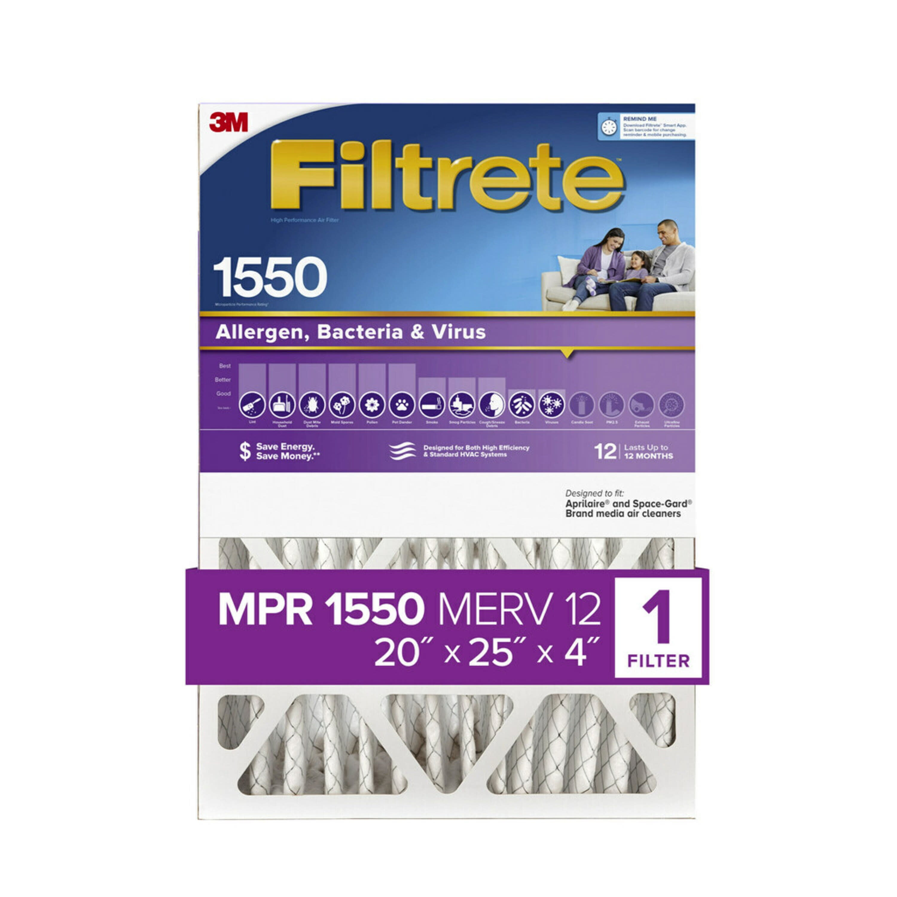Filtrete by 3M 20x25x4, MERV 12, Allergen, Bacteria u0026 Virus HVAC Furnace  Air Filter, 1550 MPR, 1 Filter - Walmart.com