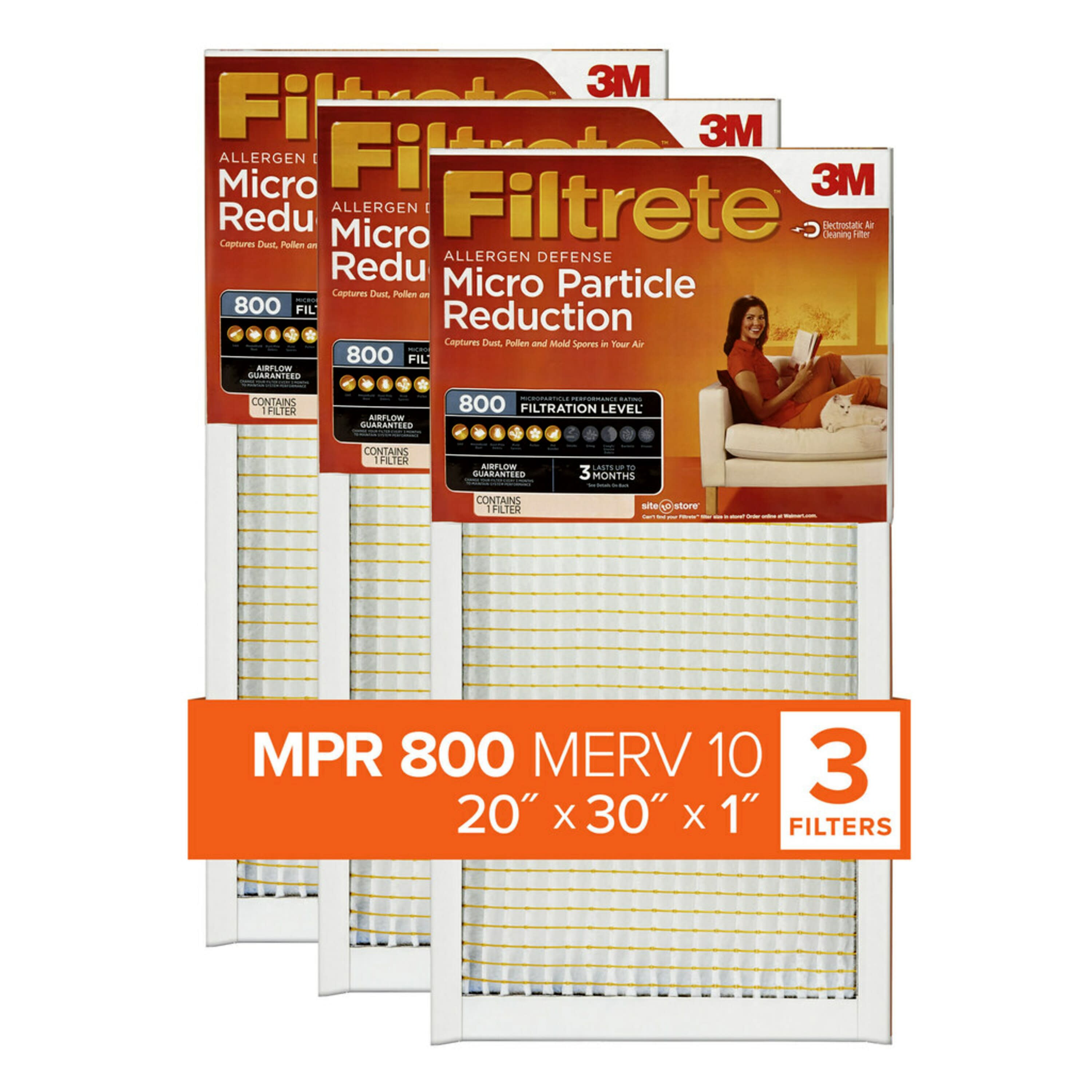 Filtrete by 3M 20x30x1, MERV 10, Micro Particle Reduction HVAC Furnace Air Filter, 800 MPR, 3 Filters - image 1 of 18
