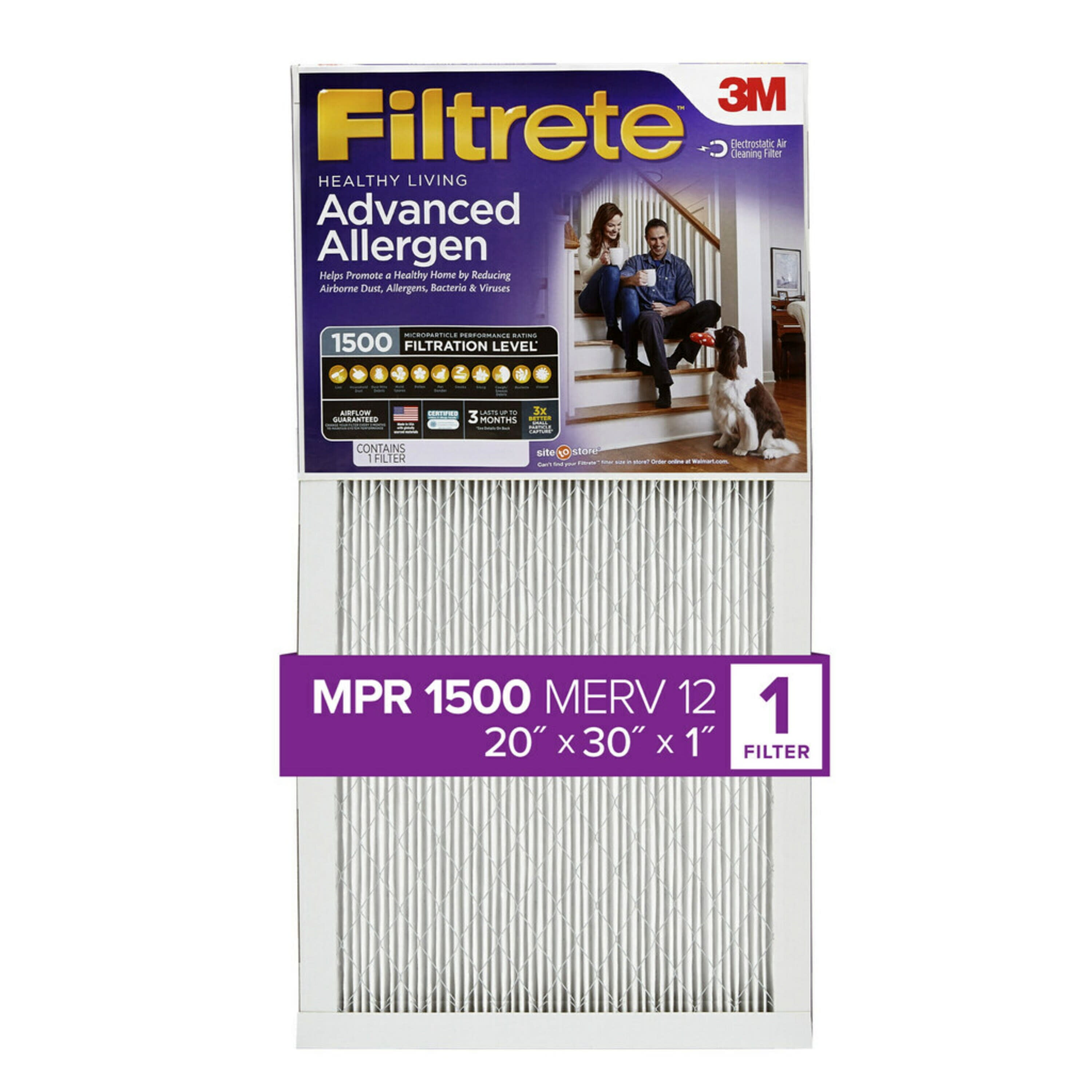 Filtrete by 3M, 20x30x1, MERV 12, Advanced Allergen Reduction HVAC Furnace  Air Filter, Captures Allergens, Bacteria, Viruses, 1500 MPR, 1 Filter -  Walmart.com