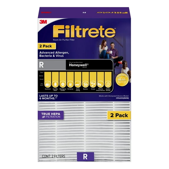 Filtrete by 3M Allergen, Bacteria & Virus True HEPA Air Purifier Filter, Replaces Size R Filters, 2 Pack