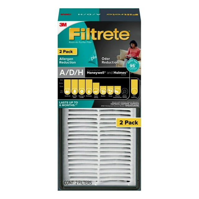 Filtrete by 3M Allergen Reduction + Odor Reduction Air Purifier Filter, Replaces Sizse A/D/H Filters, 2 Pack