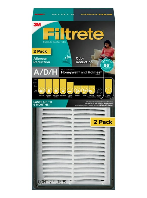 Filtrete by 3M Allergen Reduction + Odor Reduction Air Purifier Filter, Replaces Sizse A/D/H Filters, 2 Pack
