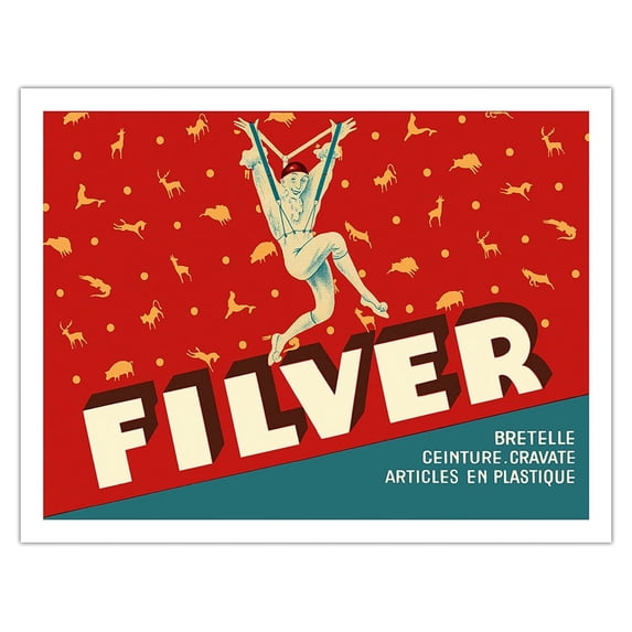 Filver Products - Suspenders Belts Ties (Bretelle Ceinture Cravate) - Vintage French Advertising Poster by Jean d'Ylen c.1930 - Fine Art Matte Paper Print (Unframed) 20x26in