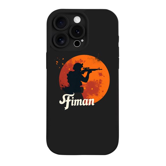 Fiman Silhouette Design iPhone 15 Pro Case - Lightweight Yellowing Resistant Black Background with Orange Moon Stylish Cursive Text