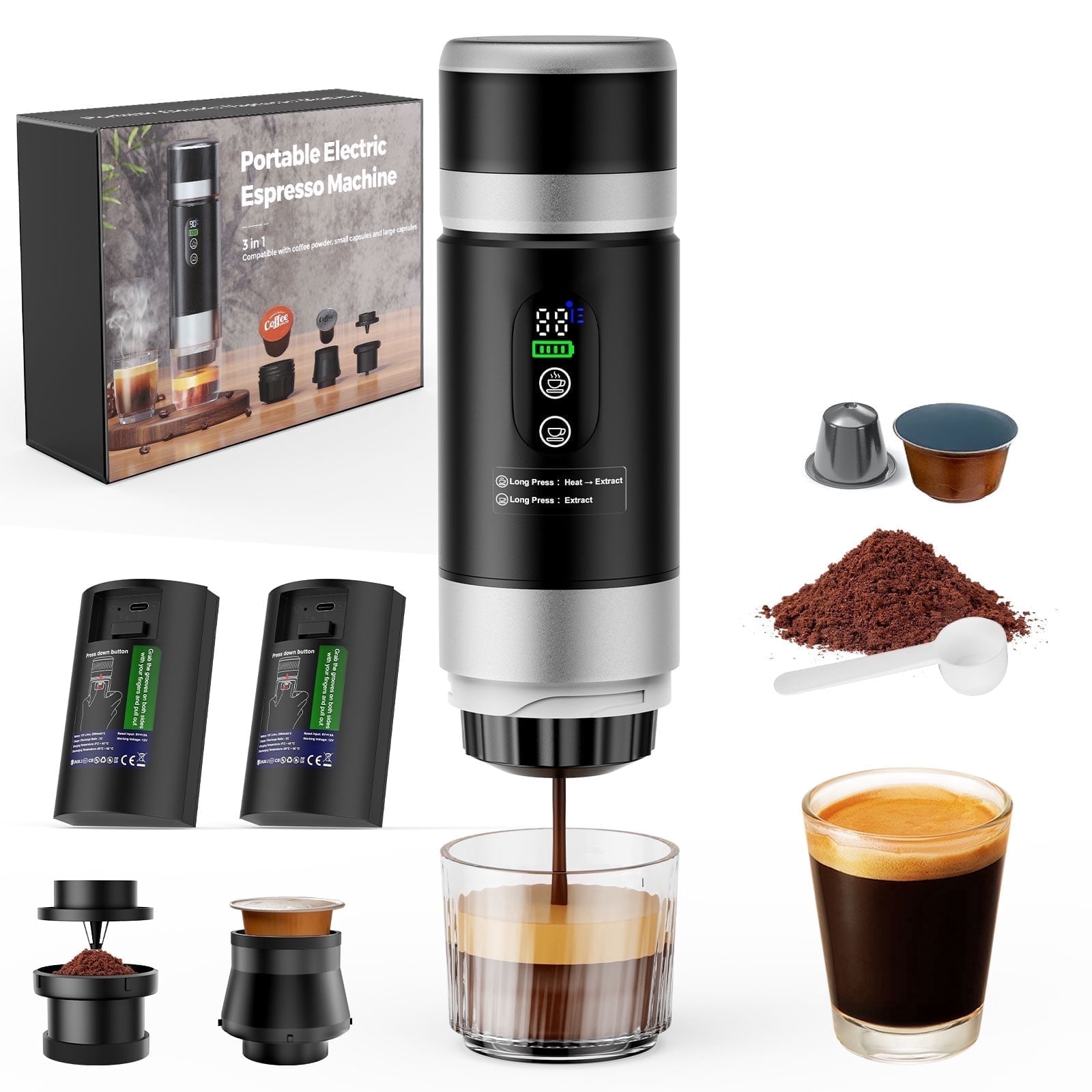 Fimilo Portable Espresso Maker, 3-in-1 20 Bar Mini Coffee Makers with 2 x 7500mAh Battery, Self-Heating Car Coffee Machine Compatible Ground Coffee & Capsules (NS＆DG) for RV, Hiking, Office
