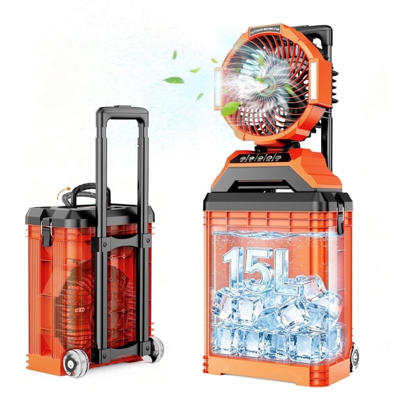 Fimilo Portable Misting Fan with 15L Bucket, 30000mAh Spray Fan with Night Light, 9.5-inch Camping Fan with Remote Control, 4 Wind Speed & 4 Spray Mister, for Patio,Fishing,Yard,Beach,Golf