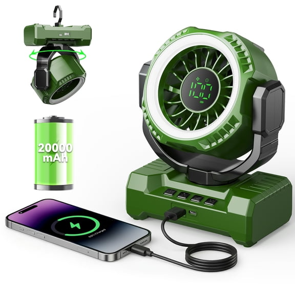 Fimilo 20000mAh Camping Fan with Light, Portable Fan Rechargeable with Hook, 100 Speeds, Remote, Timer, 180° Oscillation, Battery Powered for Outdoor Tent Beach Travel