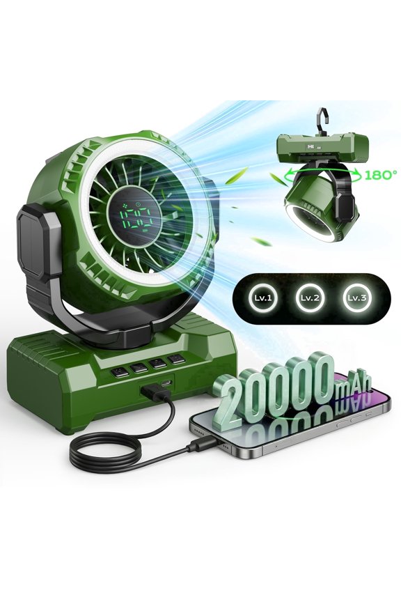 20000mAh Camping Fan with Light, Portable Fan Rechargeable with Hook, 100 Speeds, Timer, 180° Oscillation, Battery Powered for Outdoor Tent Beach Travel