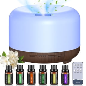 Fimilo 500ml Essential Oil Diffuser with 6*10ml Essential Oils Set, Black Woodgrain Aroma Air Humidifier with Remote Control for Bedroom Home Office, Waterless Auto Shut-Off