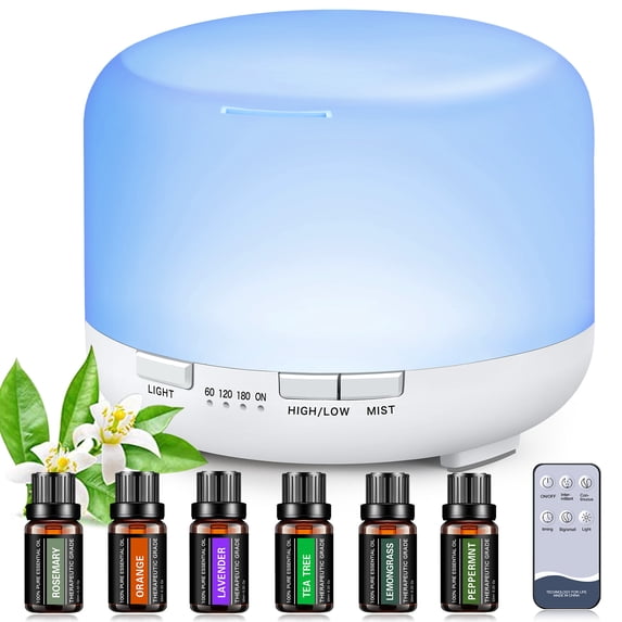 Fimilo 500ml Essential Oil Diffuser with 6*10ml Essential Oils Set, Flower Aromatherapy Diffusers with Remote Control, Oil Air Humidifier Vaporizer for Large Room Bedroom Office