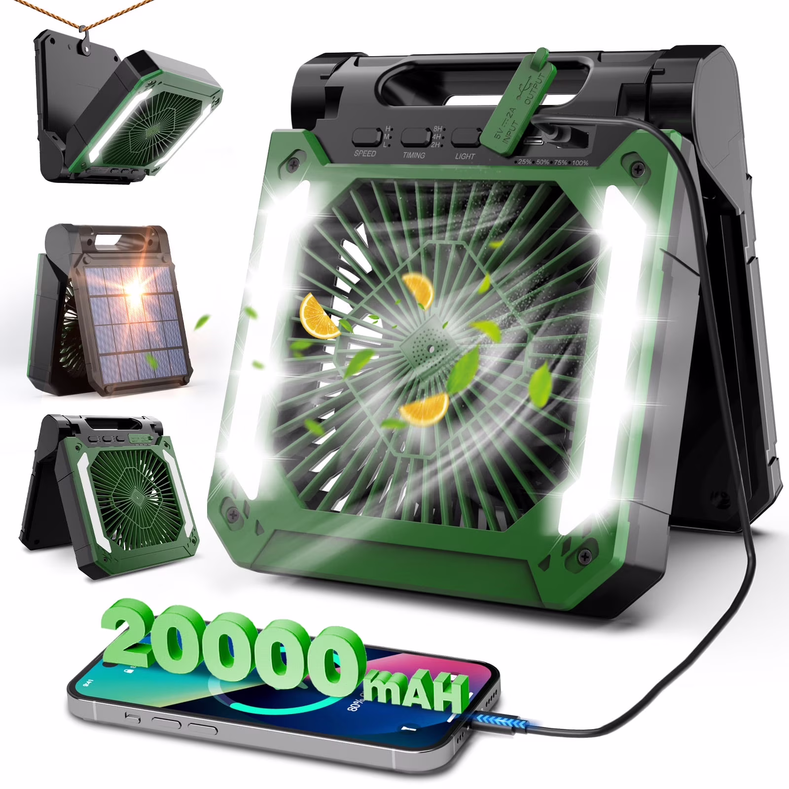Veubew Camping Fan,Battery Operated Fan,20000mAh Rechargeable Personal Fan with Outdoor LED Light,Solar Charging,3 Speed,3 Timers Pivot 90°,Maximum Battery Life 16H for Office,Bedroom,Works