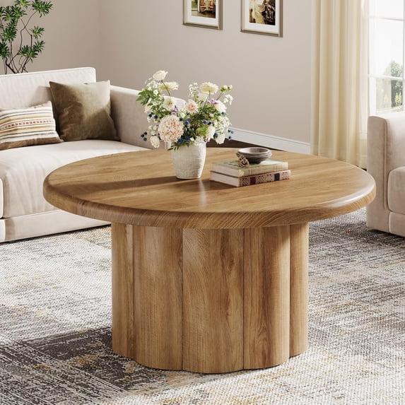 Finmind 31.5" Round Coffee Table, Farmhouse Wooden Center Table with Fluted Drum Base, Rustic Cocktail Table for Living Room, Apartment, Small Space, Brown