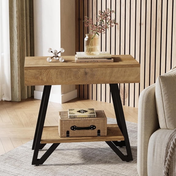Finmind Metal End Table, 2-Tier Narrow Side Table with Storage Shelves for Living Room or Bedroom, Natural